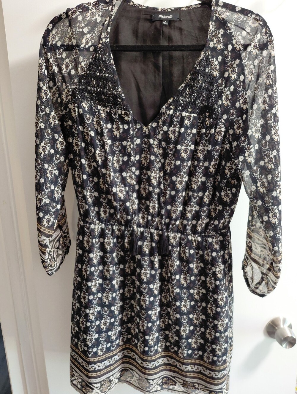 Madewell Black Sheer Floral Mini Dress with Cream Pattern